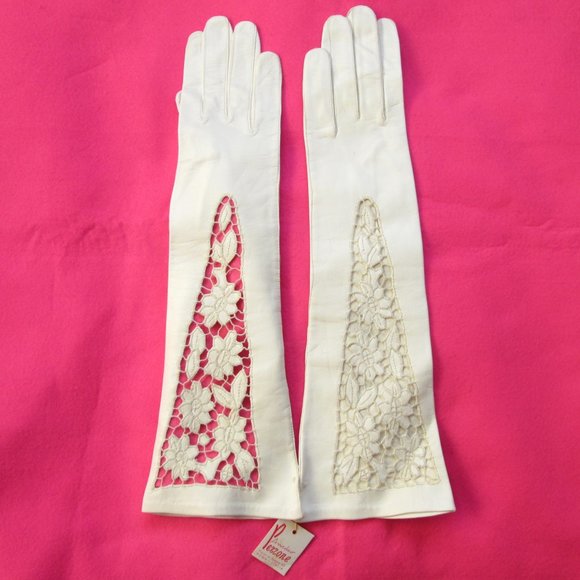 cottagecore vintage long white lace leather opera gloves size 6.5 bride prom